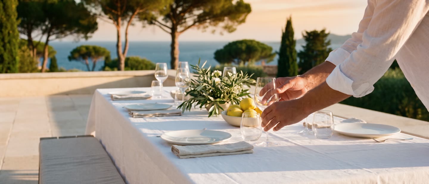 Une table dressée sur une terrasse en pierre au crépuscule — linge, verrerie et un rameau d’olivier